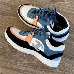 CHANEL Blue and Orange Sneakers Sz 37.5 suede leather